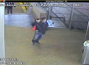 A security video image of the suspect in the March 9 armed robbery at Jackson Square T Station. (Image Courtesy Transit Police)