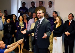 (Photo by Ernesto J. Arroyo Photography) City Councilor Felix Arroyo announces his mayoral candidacy downtown on April 9.