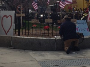 A photo of the bombing memorial taken by resident Hylton Jolliffe shows the star-and-crescent sign for bombing suspect Tamerlan Tsarnaev at the far left. (Photo Courtesy Hylton Jolliffe)