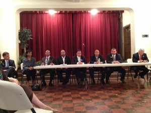 (Gazette Photo by Rebeca Oliveira) (from left) Mayoral candidates Marty Walsh, Charlotte Golar Richie, Charles Clemons, John Laing, Rob Consalvo, John Barros, Felix Arroyo, John Connolly and Daniel Conley at the May 6 candidate forum.