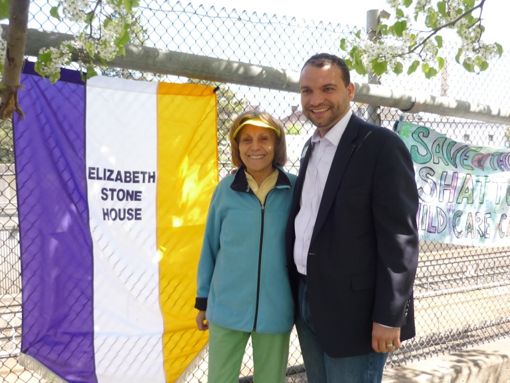 (Courtesy Photo) JP resident, City Councilor and mayoral candidate Felix Arroyo (right) joins Elisa Alonso, intake coordinator at Roxbury’s Elizabeth Stone House, at the May 4 Wake Up the Earth Festival on the Southwest Corridor Park in JP. The organization helps people dealing with domestic violence, substance abuse, homelessness and other issues.