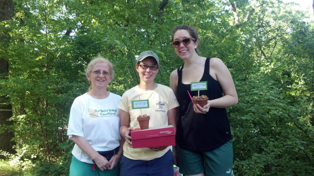 (Courtesy Photo) (from left) Sarah Freeman of the Arborway Coalition presents “Acorn Awards”—cups of acorns from Arborway oak trees—to JP resident and Arnold Arboretum employee Sue Pfeiffer and Alison Yoos of JP’s Community Caring Institute on the Arborway on June 1. The two were recognized for their work securing grants, trees and gear for a tree-planting that day on the Arborway Hillside at the St. Rose Street intersection.