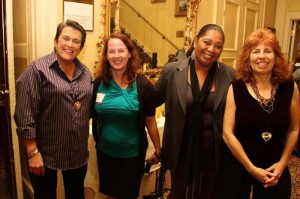 Celebrating at JP-based Self Esteem Boston Educational Institute’s 20th anniversary Jazz Reception at the Hampshire House downtown are (from left) President Marion B. Davis; Eileen Maguire of Victory Programs; Carla Shands, program director of JP’s New Women’s Hope; and Self Esteem Boston’s Jeri Levitt. The organization offers self-esteem and job-skills training to people in shelters and transitional programs. (Photo by Michael Bryant)