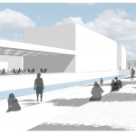 An illustration suggesting how pedestrians and diners might enjoy the exposed Stony Brook in the master plan. (Courtesy Image)