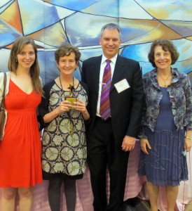 JP resident Ginny Mazur (second from left), Community Partnership Director at Brookline’s Goddard House, receives the 2014 Leadership Award from the Massachusetts Assisted Living Facilities Association at an event in Burlington. Joining her are (from left) Jennifer Bourgoin, Goddard House’s Assisted Living Program Director; Michael Banville of MASS-ALFA, and MASS-ALFA President Emily Meyer. (Courtesy Photo)