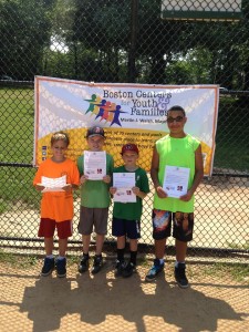 Celebrating as top finishers in the Boston Centers for Youth & Families Fenway Challenge contest July 23 at Daisy Field on the Jamaicaway are (from left): Nathaniel Hasanaj, 10, of JP; Ryan Malone, 10, of JP; of Jamaica Plain; Brendan Norton, 8, of West Roxbury; and Dorian Abercrombie, 12, of JP. For topping the baseball skills contest, they won tickets to a September Red Sox game and will be honored on the field. BCYF is holding other Fenway Challenge contests this month in other neighborhoods. For more info, see facebook.com/BCYFBoston or call 617-635-5206. (Courtesy Photo)