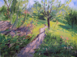 The painting “Arboretum Path” (above) by Ann Turley is among the works on display in the Jamaica Plain Artists Association group show running through Sept. 9 at JP Licks, 659 Centre St. A reception will be held during this month’s First Thursday art walk on Aug. 7. (Courtesy Image)